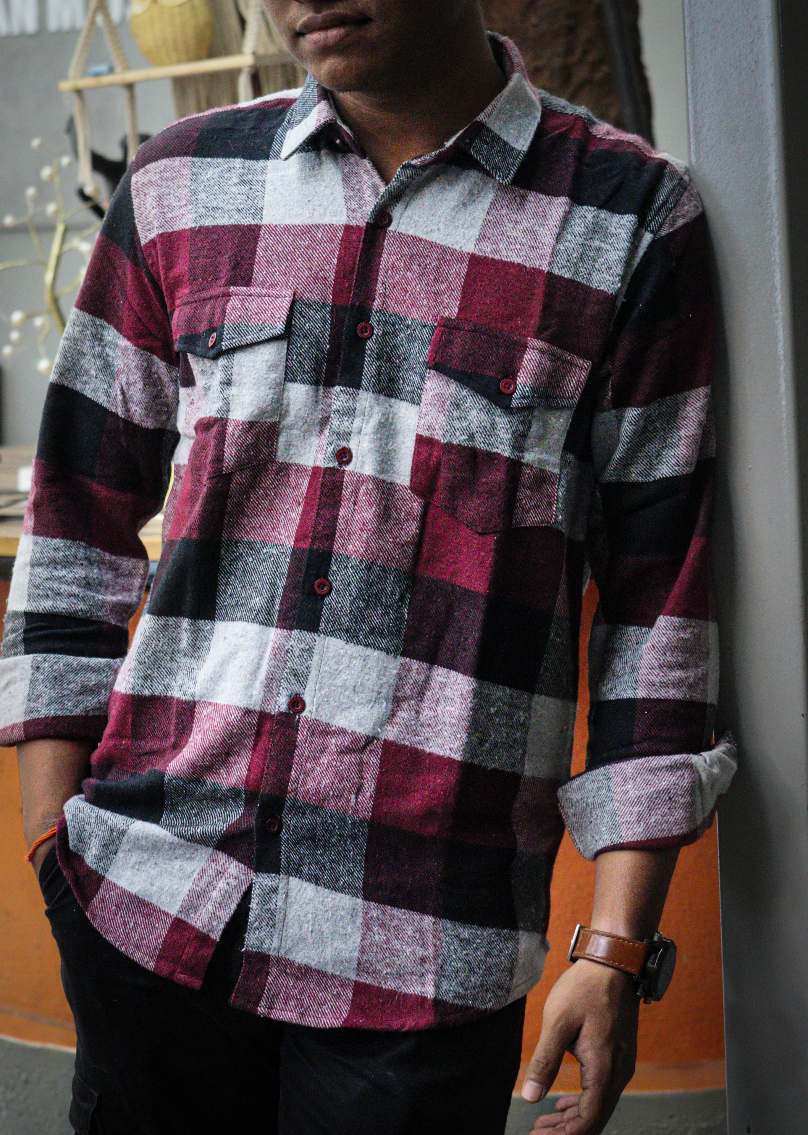 Men's Checked Flannel Shirt – Maroon, Black & Grey | Casual Plaid Button-Down