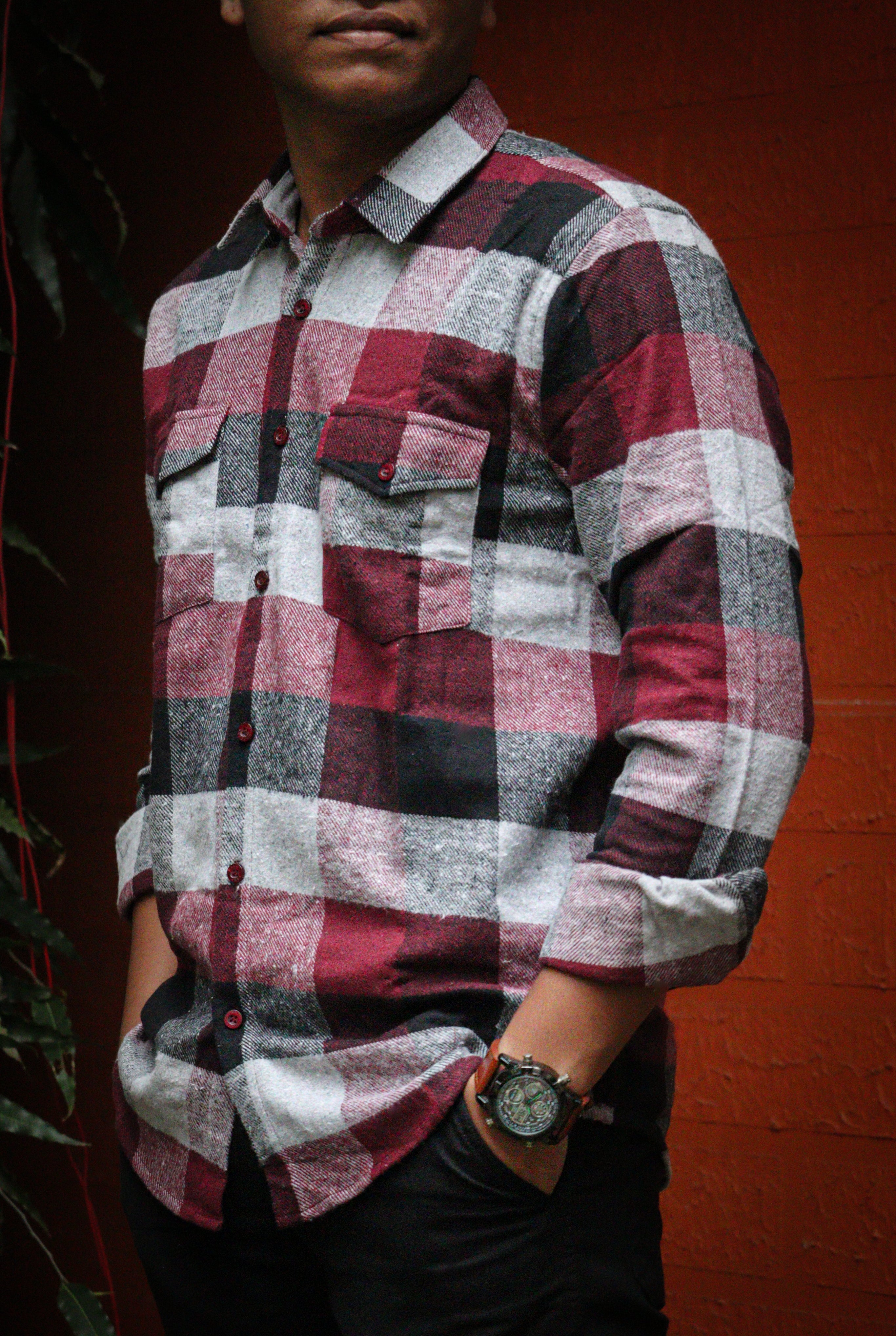Men's Checked Flannel Shirt – Maroon, Black & Grey | Casual Plaid Button-Down