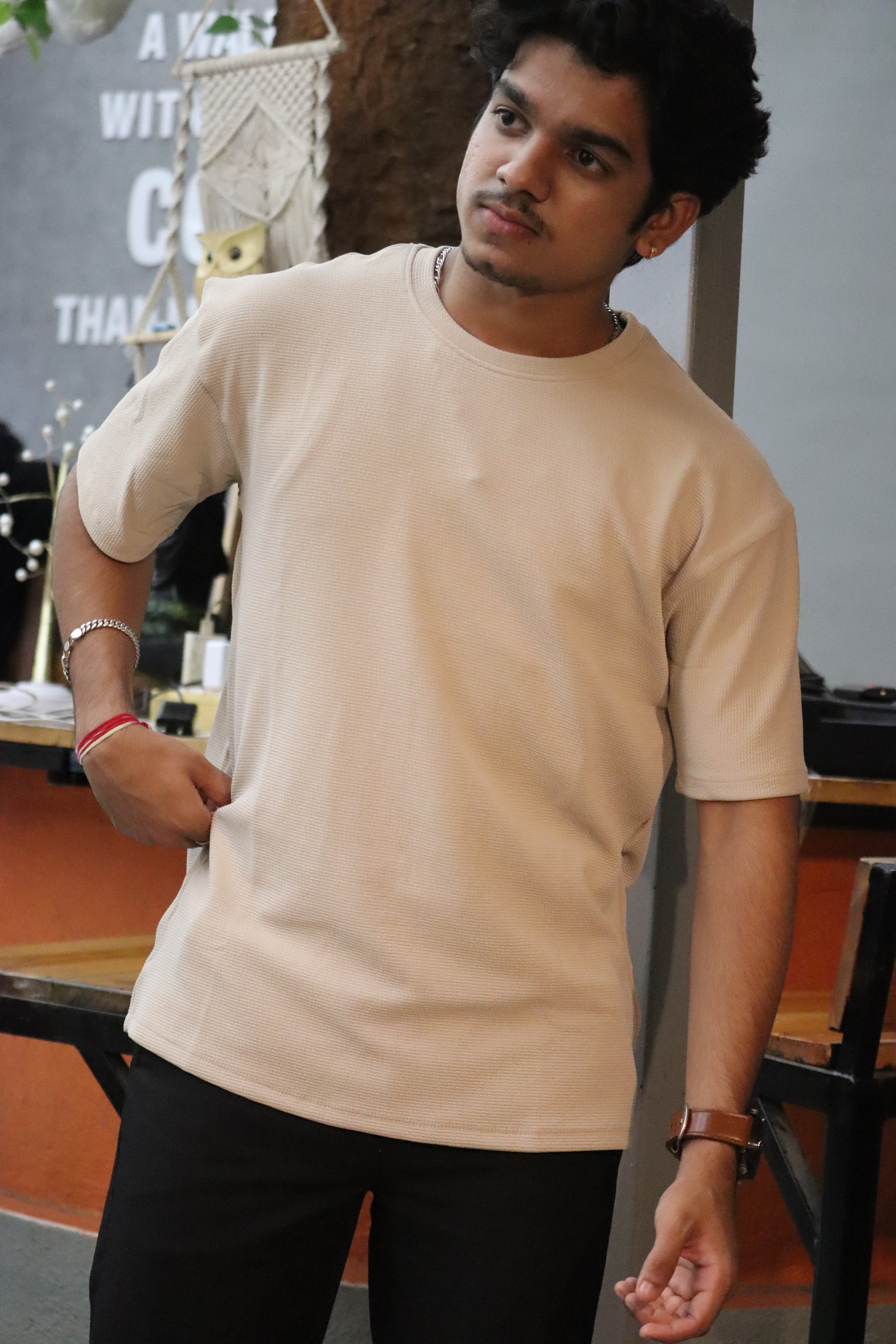 Men’s Oversized Heavyweight Popcorn Texture T-Shirt – Sand Beige